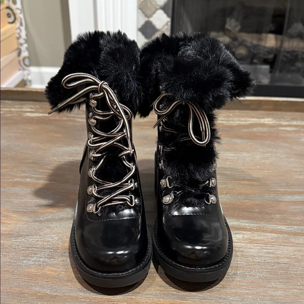 INC Hannia Patent Faux Fur Lace-Up Wedge Booties‎ Black Size 5.5 NIB